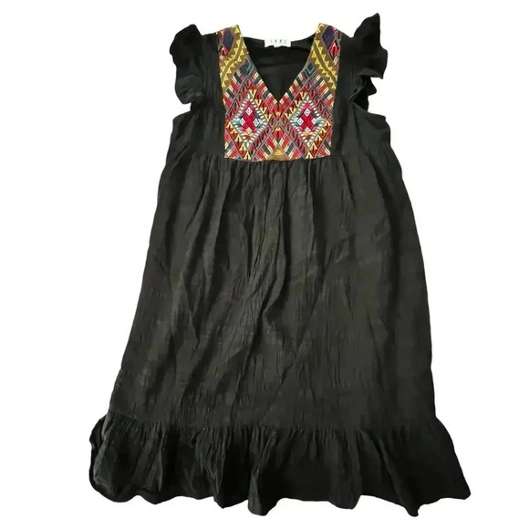 THML Women Small Dress Black Cotton Rayon Embroidery Flutter Aztec‎ Western SW - Picture 8 of 13
